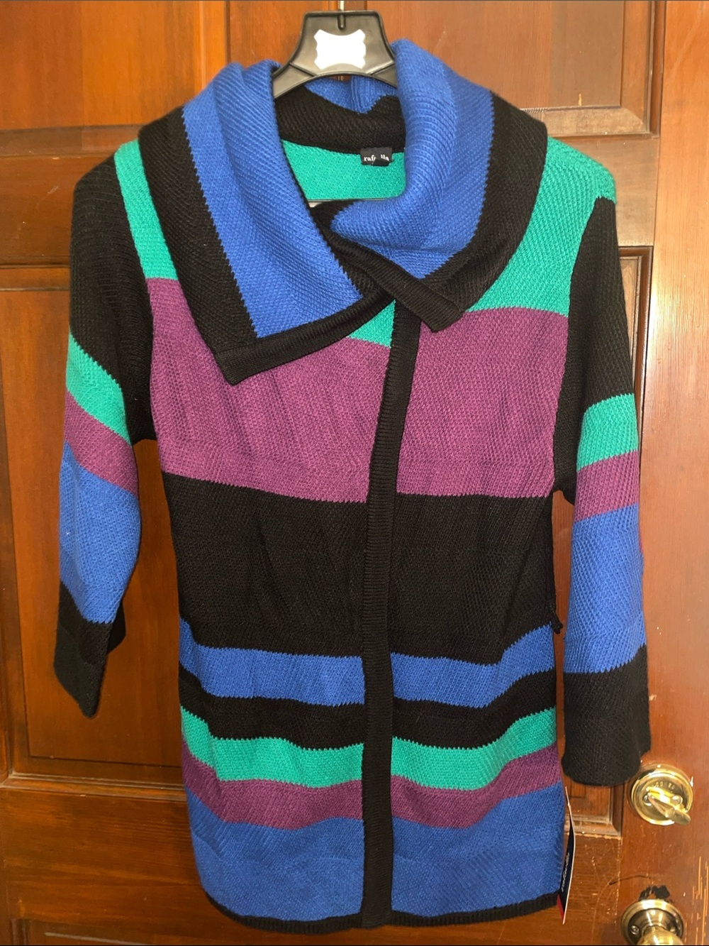 Rafaella Black Colorblock Open-Front Cardigan with Blue Teal Purple Panels